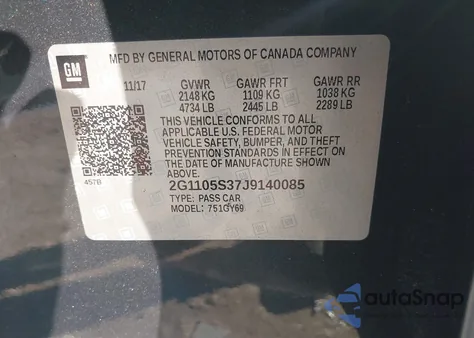 2018 Chevrolet Impala 1Lt из США, поврежденный, VIN 2G1105S37J9140085